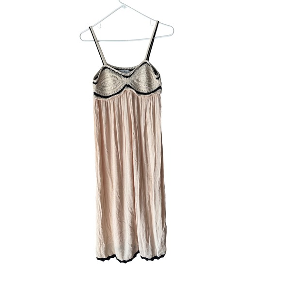 Zara Dresses & Skirts - Zara Crochet Knit Bodice Crinkle Midi Dress Cream Black Boho Summer Flowy Size M